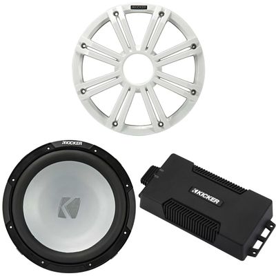 KICKER 48PXA6001 Mono Amp 12" 4 Ohm Marine Subwoofer Bundle - White