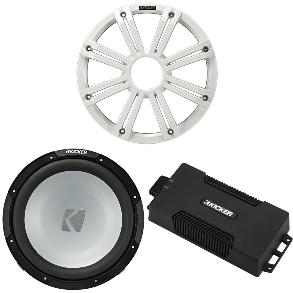 KICKER 48PXA6001 Mono Amp 12" 4 Ohm Marine Subwoofer Bundle - White