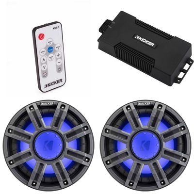 Kicker 48PXA6001 Weatherproof Powersport Mono Amp & (2) 10" 4 Ohm Premium Marine Free-Air Subwoofer (Charcoal Grill) Includes LED Remote