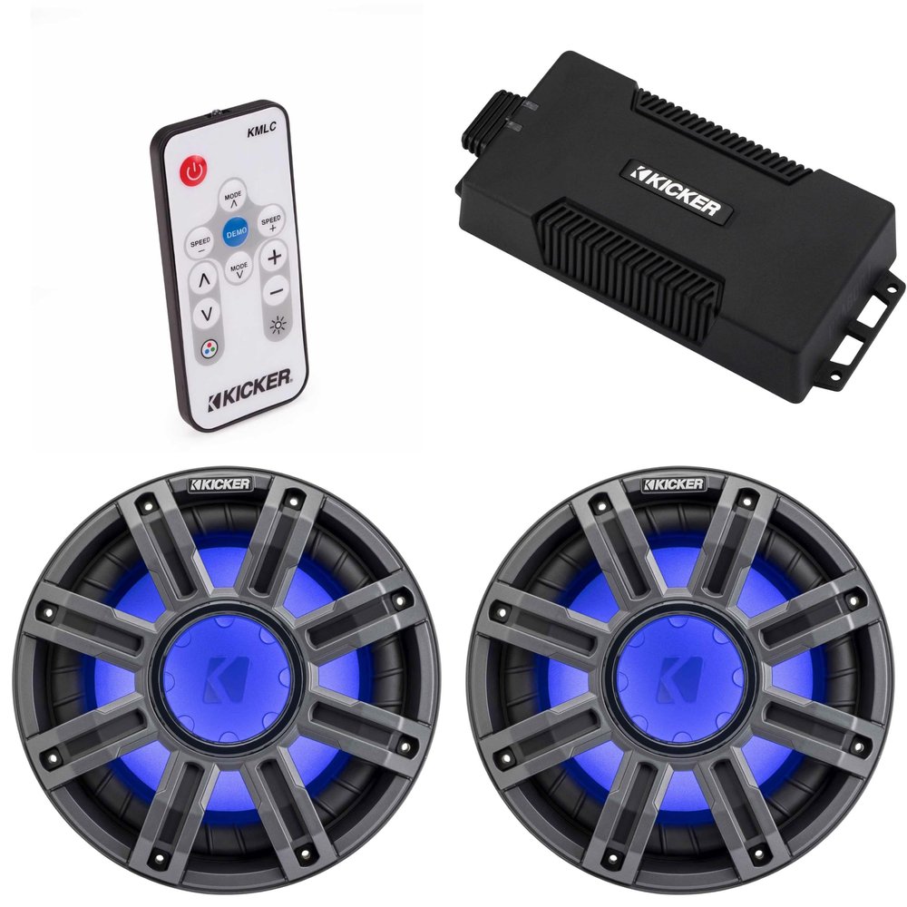 Kicker 48PXA6001 Weatherproof Powersport Mono Amp & (2) 10" 4 Ohm Premium Marine Free-Air Subwoofer (Charcoal Grill) Includes LED Remote