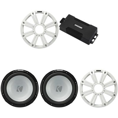 Kicker 48PXA6001 Weatherproof Powersport Mono Amp & (2) 12" 4 Ohm Free-Air Marine Subwoofer (White Grill)