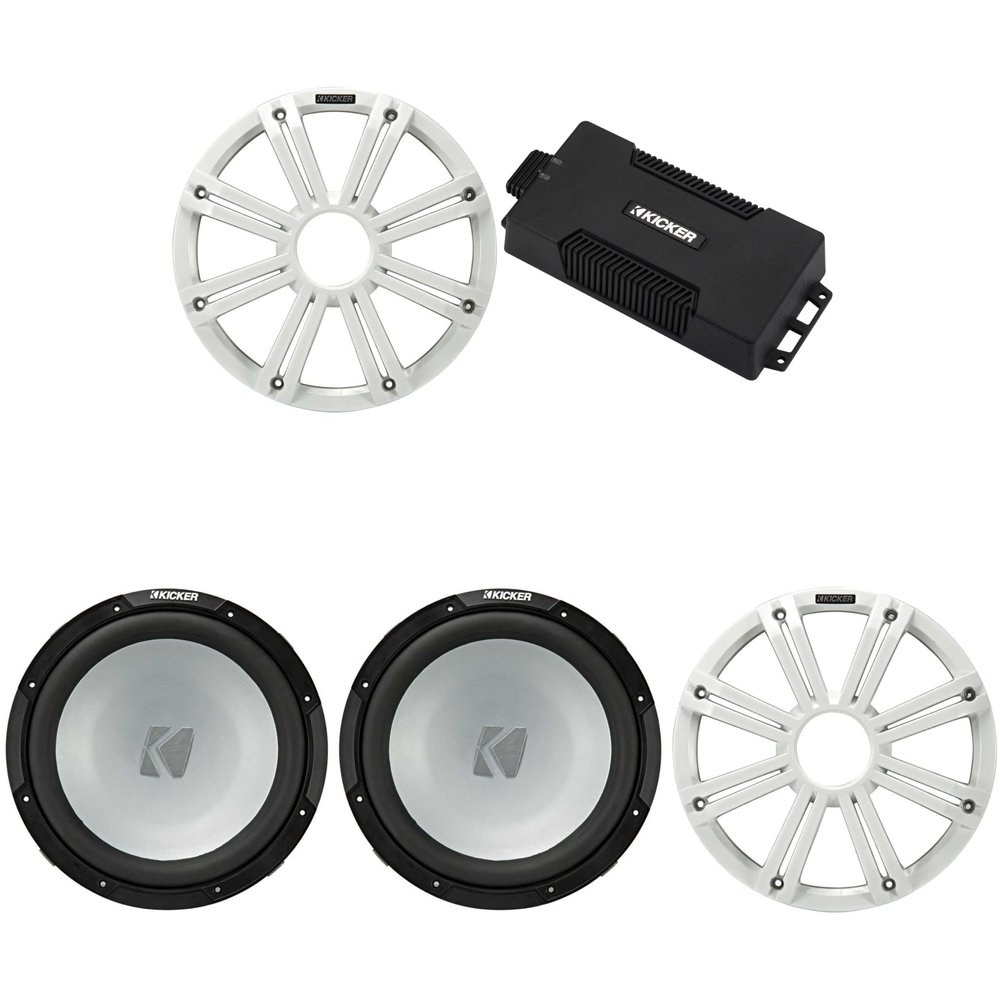 Kicker 48PXA6001 Weatherproof Powersport Mono Amp & (2) 12" 4 Ohm Free-Air Marine Subwoofer (White Grill)