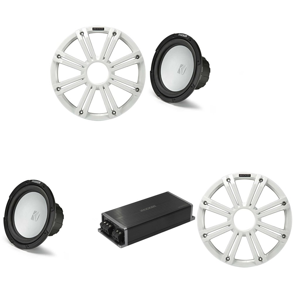 Kicker Marine KPX500.1 Powersports Amp & (2) 10" Free Air 4 Ohm (White Grill) Subwoofer Audio Upgrade