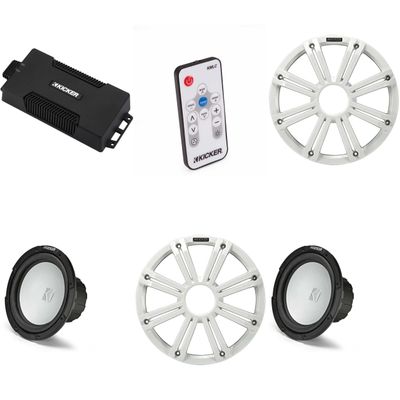 KICKER 48PXA6001 Weatherproof Powersport Mono Amp & (2) 10" 4 Ohm Free-Air Marine Subwoofer (White Grill) Includes LED Remote