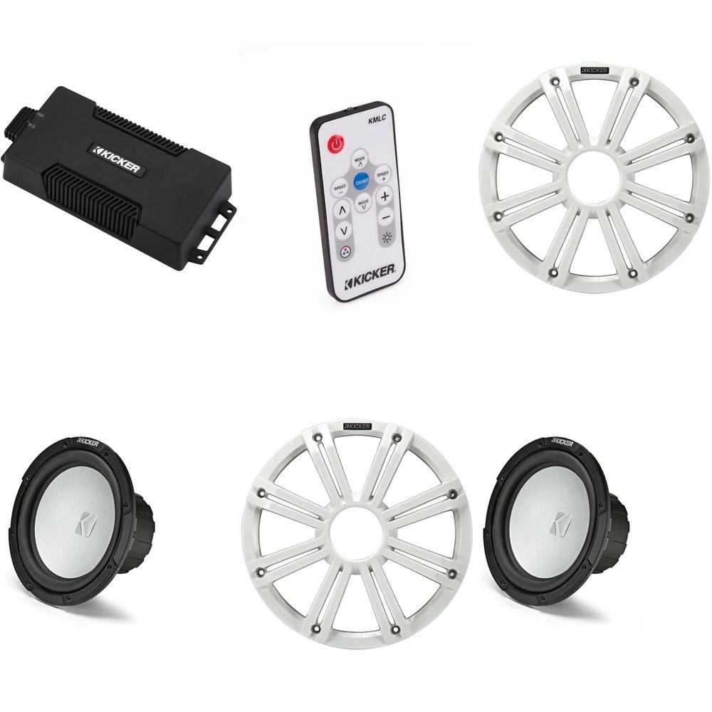 KICKER 48PXA6001 Weatherproof Powersport Mono Amp & (2) 10" 4 Ohm Free-Air Marine Subwoofer (White Grill) Includes LED Remote