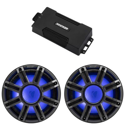 Kicker 48PXA6001 Weatherproof Powersport Mono Amp & (2) 12" 4 Ohm Premium Marine Free-Air Subwoofer (Charcoal Grill)