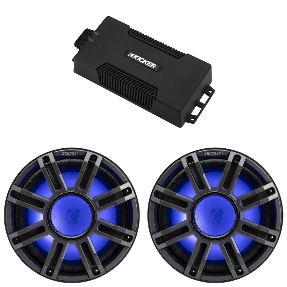 Kicker 48PXA6001 Weatherproof Powersport Mono Amp & (2) 12" 4 Ohm Premium Marine Free-Air Subwoofer (Charcoal Grill)