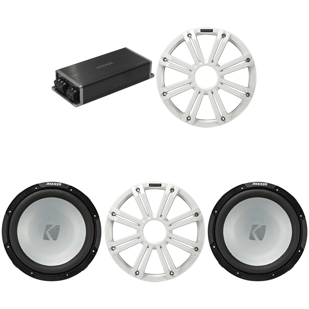Kicker Marine KPX500.1 Powersports Amp & (2) 12" 4 Ohm (White Grill) Subwoofer Audio Upgrade