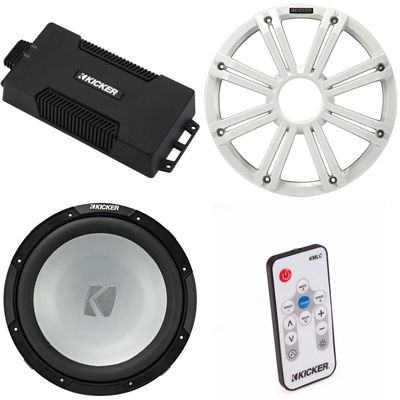 Kicker 48PXA6001 Weatherproof Powersport Mono Amp & 12" 2 Ohm Marine Subwoofer (White Grill) Includes LED Remote