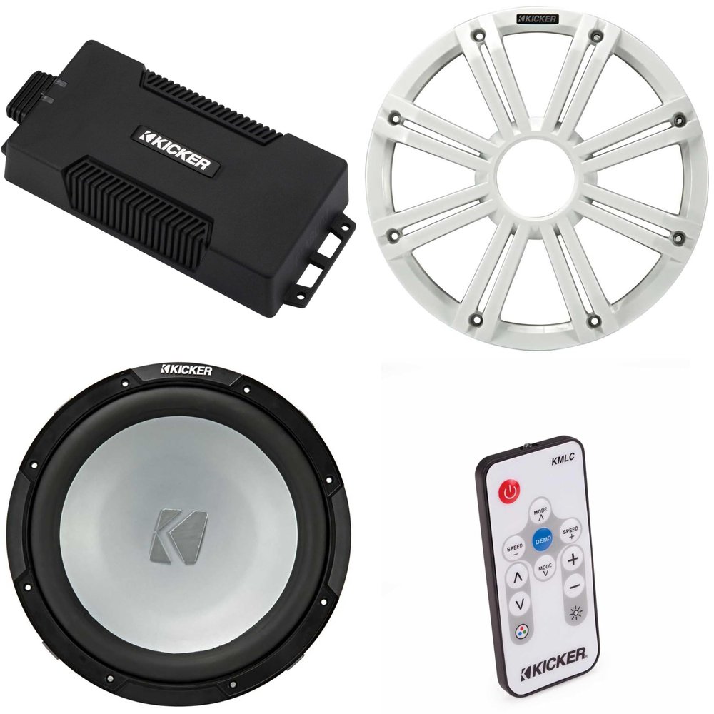 Kicker 48PXA6001 Weatherproof Powersport Mono Amp & 12" 2 Ohm Marine Subwoofer (White Grill) Includes LED Remote
