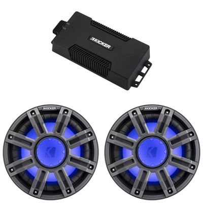 Kicker 48PXA6001 Weatherproof Powersport Mono Amp & (2) 10" 4 Ohm Premium Marine Free-Air Subwoofer (Charcoal Grill)