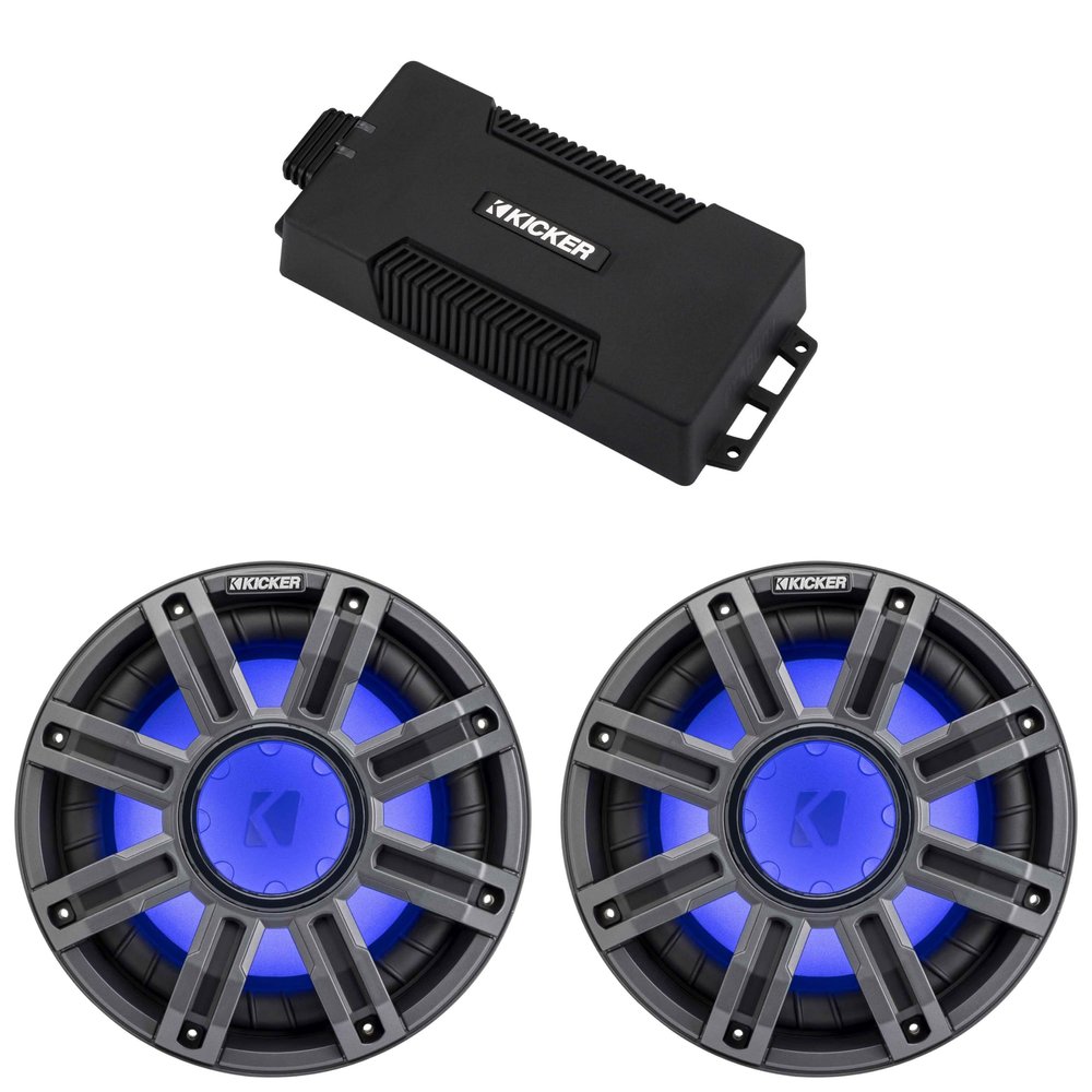 Kicker 48PXA6001 Weatherproof Powersport Mono Amp & (2) 10" 4 Ohm Premium Marine Free-Air Subwoofer (Charcoal Grill)