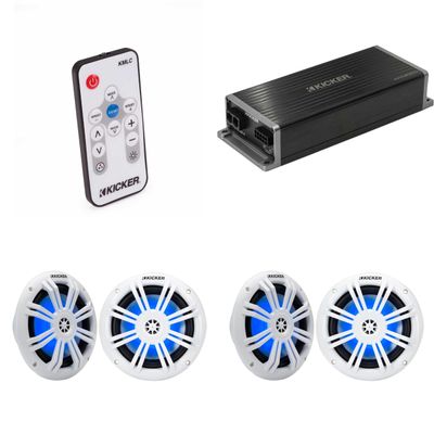 Kicker Marine KPX300.4 Powersports Amp & (2) 6.5" White Marine LED Speakers (Includes LED Remote)