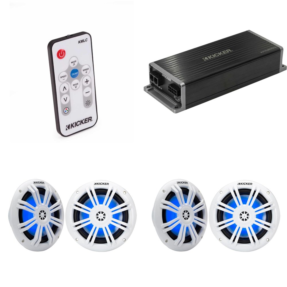 Kicker Marine KPX300.4 Powersports Amp & (2) 6.5" White Marine LED Speakers (Includes LED Remote)