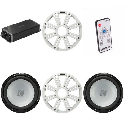 Kicker Marine KPX500.1 Powersports Amp & (2) 12" 4 Ohm (White Grill) Subwoofer Audio Upgrade, Includes LED Remote