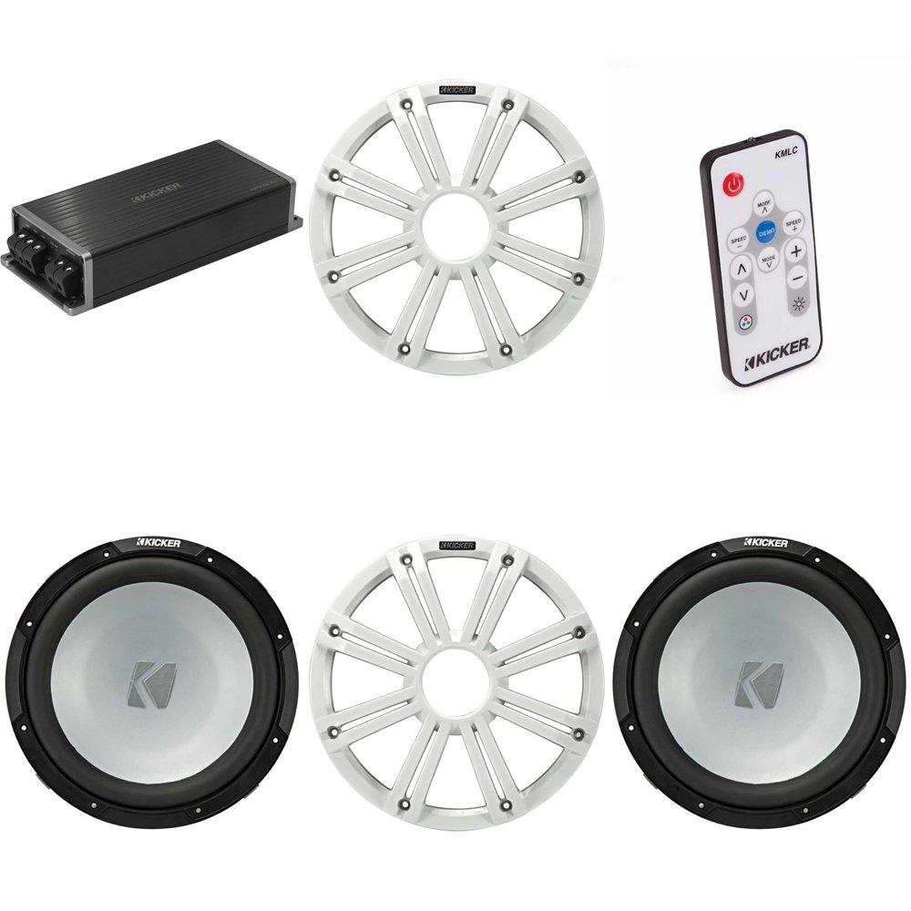 Kicker Marine KPX500.1 Powersports Amp & (2) 12" 4 Ohm (White Grill) Subwoofer Audio Upgrade, Includes LED Remote