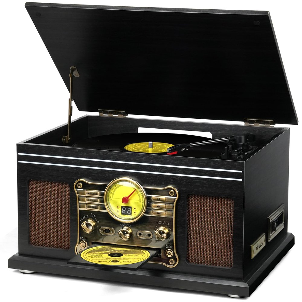 FEKTIK Bluetooth Record Player 10 in 1,FEKTIK 3-Speed Turntable for Vinyl with Speakers, LP to MP3 Converter, CD, Cassette Player, FM Radio, Wireless Streaming | Black