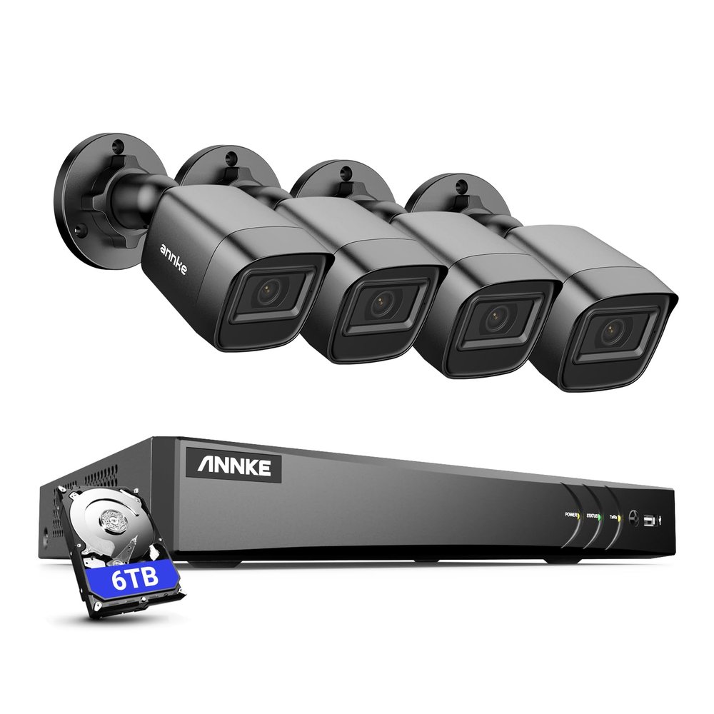 ANNKE 1080P Security Camera System, 8CH 4K DVR with AI Human & Vehicle Detection, 4x 2MP IP67 Wired Black Bullet Cams, Compatible with Alexa, Easy Remote View for Home & Business Surveillance, 6TB HDD