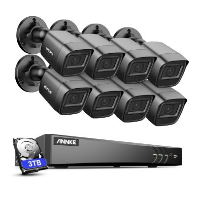 ANNKE 1080P Security Camera System, 8CH 4K DVR with AI Human & Vehicle Detection, 8x 2MP IP67 Wired Black Bullet Cams, Compatible with Alexa, Easy Remote View for Home & Business Surveillance, 3TB HDD