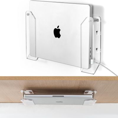 Haohaio Laptop Wall Mount Holder, Space-Saving Under Desk Laptop Mount with Cable Slots, Supports 1.26" Thick Devices, Compatible with iPad/MacBooks/Surface (Clear)