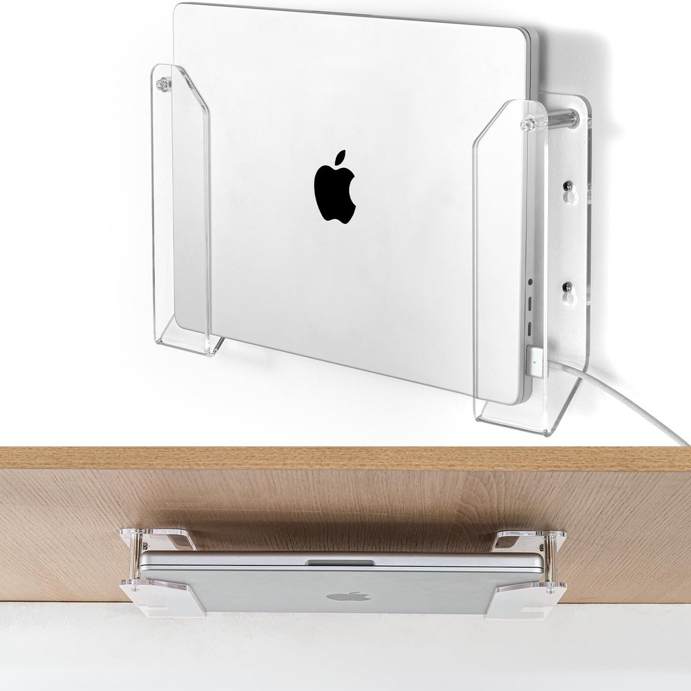 Haohaio Laptop Wall Mount Holder, Space-Saving Under Desk Laptop Mount with Cable Slots, Supports 1.26" Thick Devices, Compatible with iPad/MacBooks/Surface (Clear)