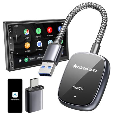 cuarko Android Auto Wireless Adapter, [NFC Tech, Ultra-Durable Wire, Latency-Free] 2025 Upgraded USB-A/USB-C Aluminum Wireless Android Auto Car Adapter, Compatible with Cars from 2015