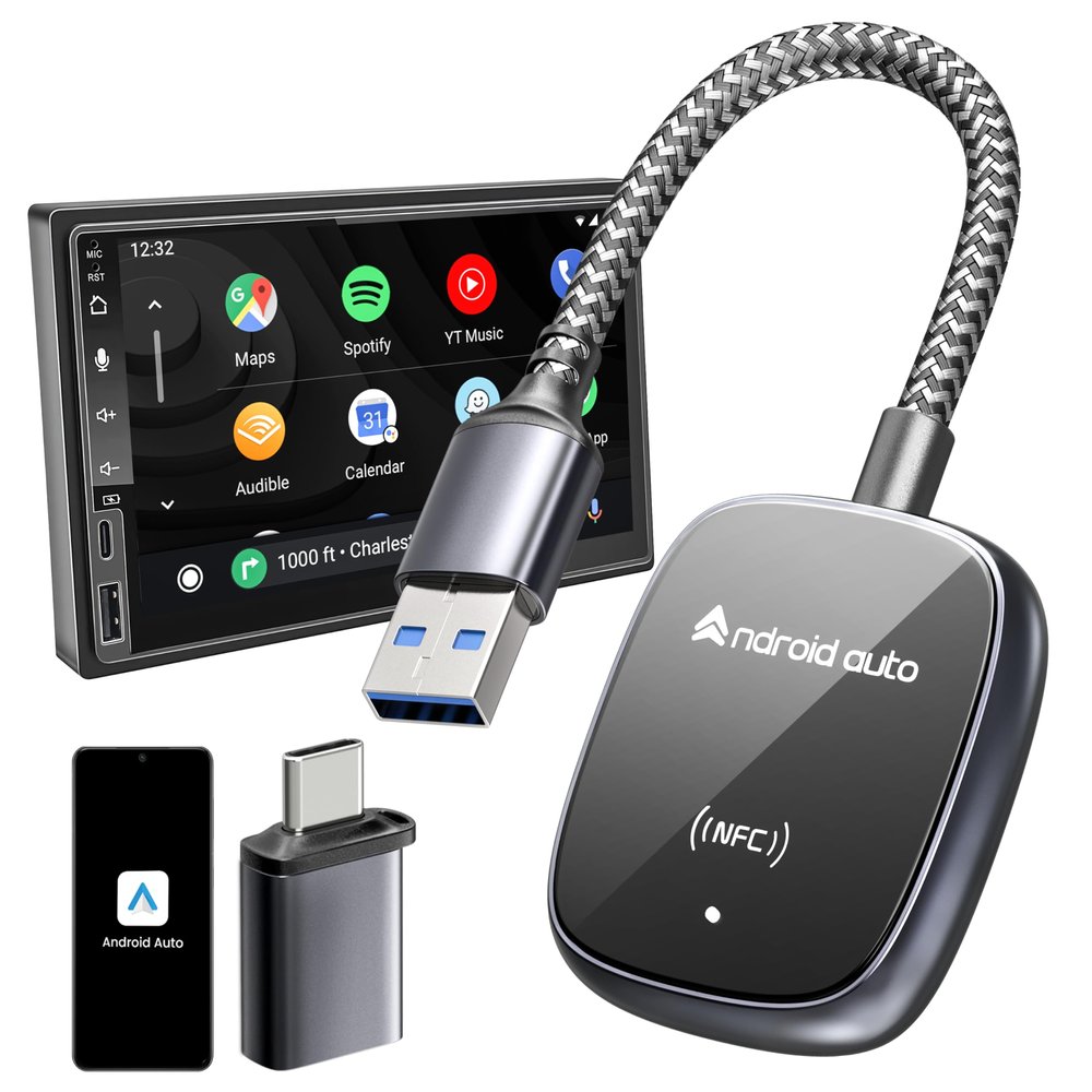 cuarko Android Auto Wireless Adapter, [NFC Tech, Ultra-Durable Wire, Latency-Free] 2025 Upgraded USB-A/USB-C Aluminum Wireless Android Auto Car Adapter, Compatible with Cars from 2015