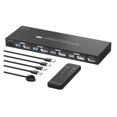 Y0S3QZ1 8K Displayport KVM Switch 1 Monitors 4 Computers 4K 144Hz 4x1 DP USB 3.0 KVM Switch for 4 PC Share Keyboard Mouse(US Power Adapter)