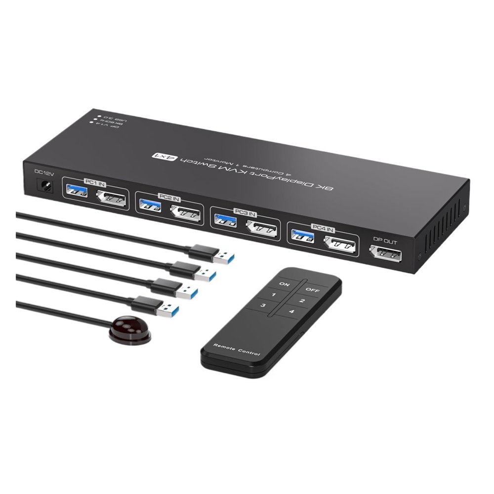 Y0S3QZ1 8K Displayport KVM Switch 1 Monitors 4 Computers 4K 144Hz 4x1 DP USB 3.0 KVM Switch for 4 PC Share Keyboard Mouse(US Power Adapter)