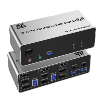 Y0S3QZ1 8K Displayport + 2 HDMI Triple Monitor KVM Switch 3 Monitors 2 Computers,8K@60Hz KVM Switch with Audio Mic and 3 USB 3.0 Ports(with EU Plug)