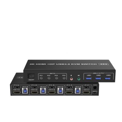 Y0S3QZ1 4 Port HDMI USB 3.0 KVM Switch 4X2 Dual Monitor 4K@60Hz Extended Display DP KVM Switch 4 in 2 Out for 4 PC Share Keyboard Mouse(TA402-HD,UK Power Adapter)
