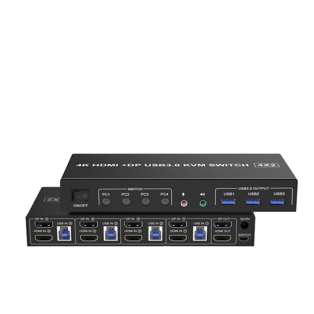 Y0S3QZ1 4 Port HDMI USB 3.0 KVM Switch 4X2 Dual Monitor 4K@60Hz Extended Display DP KVM Switch 4 in 2 Out for 4 PC Share Keyboard Mouse(TA402-HD,UK Power Adapter)