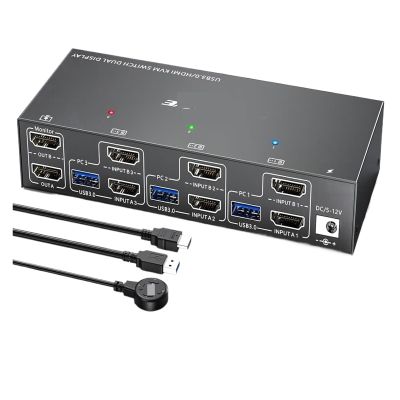 Y0S3QZ1 HDMI KVM Switch 3 Computers 2 Monitors, KCEVE 4K Dual Monitor USB 3.0 with EDID Emulator,for 3 PC Share 2 Displays 4 USB Devices(with US Plug)