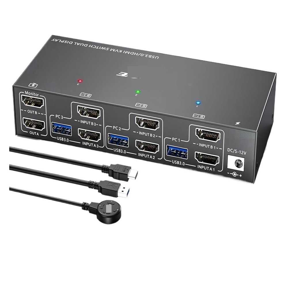 Y0S3QZ1 HDMI KVM Switch 3 Computers 2 Monitors, KCEVE 4K Dual Monitor USB 3.0 with EDID Emulator,for 3 PC Share 2 Displays 4 USB Devices(with US Plug)
