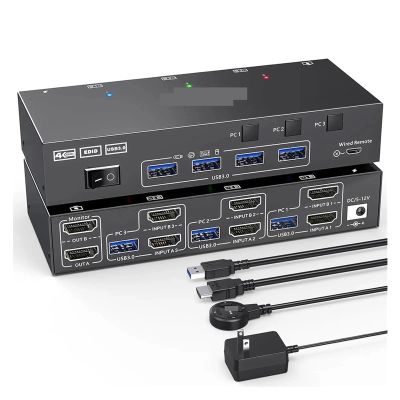 Y0S3QZ1 Dual Monitor KVM Switch USB 3.0 HDMI-Compatible KVM Switch 2 Monitors 3 Computer EDID Emulator 4K@60Hz 2K@144Hz USB Hub Splitter(UK Plug)