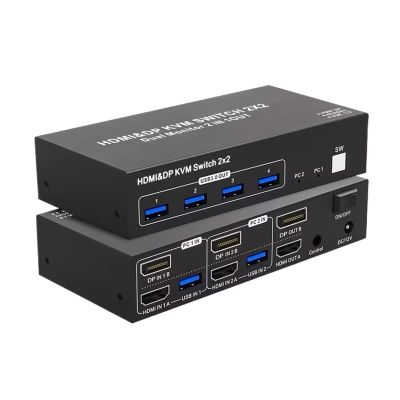 Y0S3QZ1 HDMI 2.0 KVM Switch 2X2 HDMI DisplayPort Switcher USB 3.0 Extended Display 4K 60HZ Dual Monitor 2 in 2 Out for Computer(HDMI DP 2X2,USA Power)