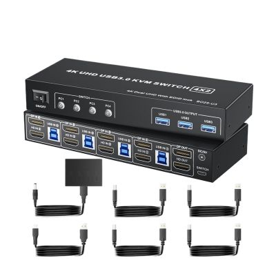 Y0S3QZ1 4K@60Hz USB 3.0 HDMI Displayport KVM Switcher HDMI 2.0 DP Extended Display Switch for 4 Computers Share 2 Monitors(EU Power Plug)