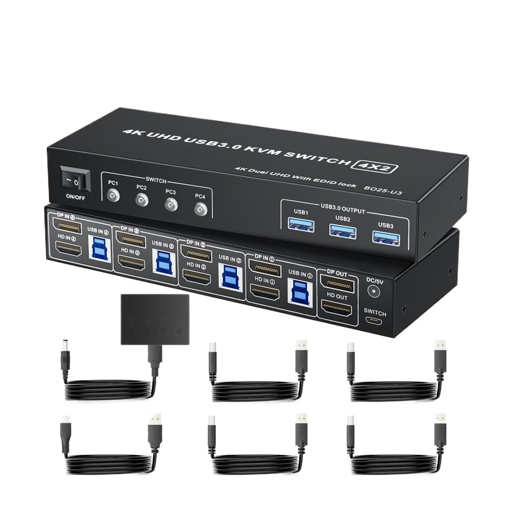 Y0S3QZ1 4K@60Hz USB 3.0 HDMI Displayport KVM Switcher HDMI 2.0 DP Extended Display Switch for 4 Computers Share 2 Monitors(EU Power Plug)