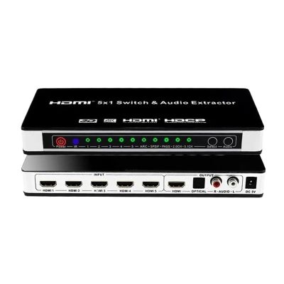 4K HDMI Switch Audio Extractor 5x1 HDMI ARC Switcher 5 in 1 Out with Optical + R/L Audio HDMI ARC Audio Extractor with IR Remote(with EU Plug)