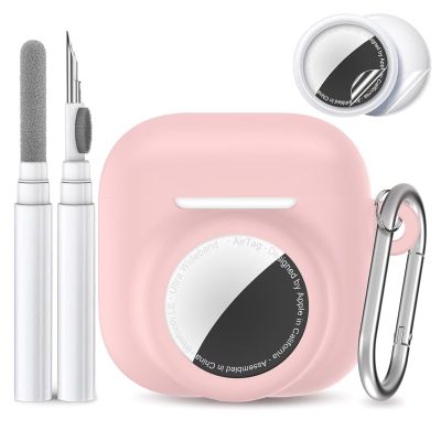 2 in 1 Silicone Case Compatible with AirPod 4 and Air Tracker Tag,Anti-Scratch Anti-Lost Protective Skin Cover for AirPods 4th Generation with 2 PCS TPU Screen Protector&Lanyard (Pink)
