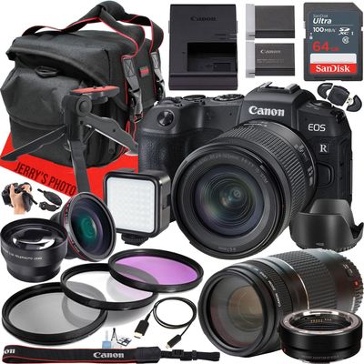 Canon EOS RP Mirrorless Camera with RF 24-105mm f/4-7.1 is STM and EF 75-300mm f/4-5.6 III Lens + 64 GB Memory + EF - EOS R Mount Adapter + LED Light + More (27pc Bundle) (Renewed)