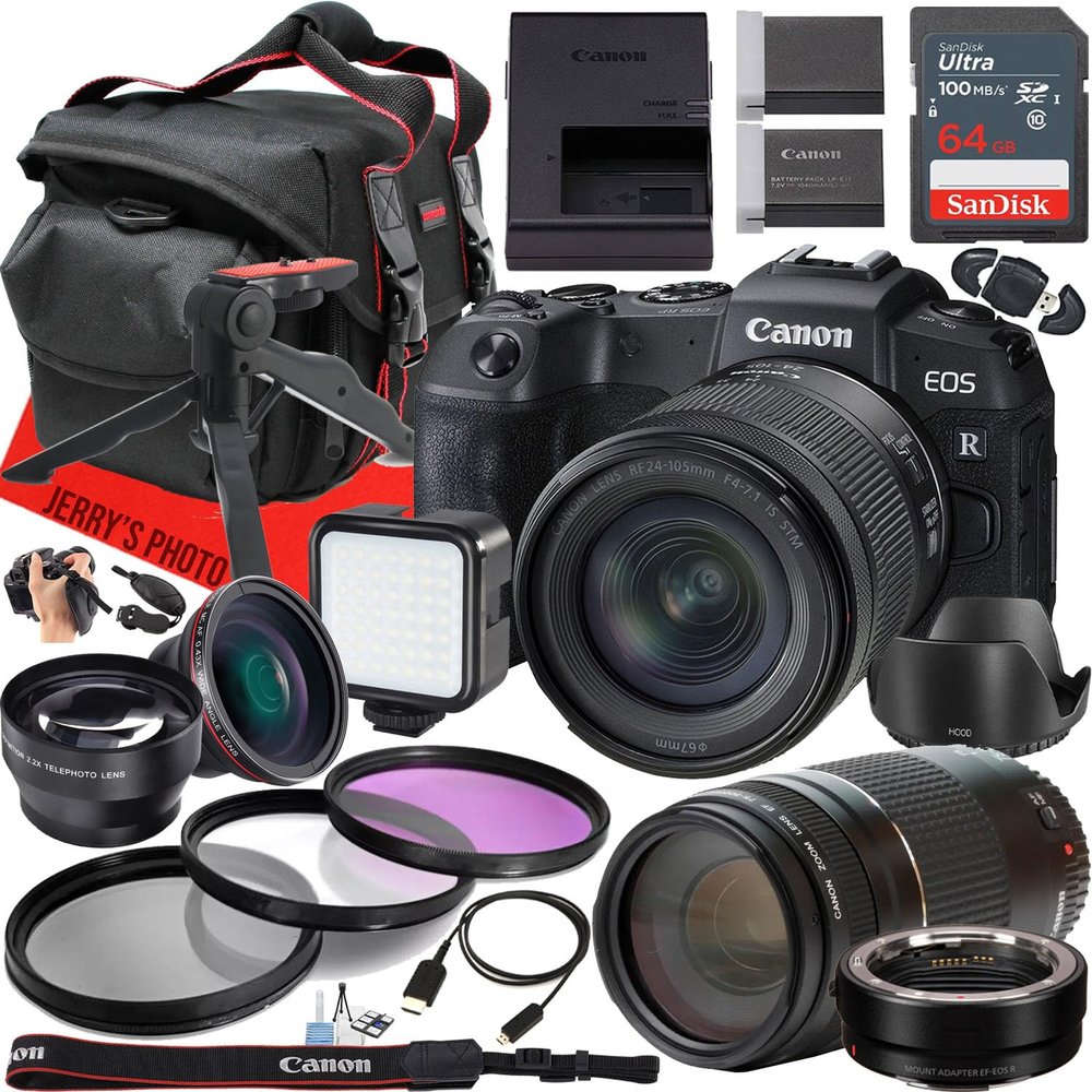Canon EOS RP Mirrorless Camera with RF 24-105mm f/4-7.1 is STM and EF 75-300mm f/4-5.6 III Lens + 64 GB Memory + EF - EOS R Mount Adapter + LED Light + More (27pc Bundle) (Renewed)