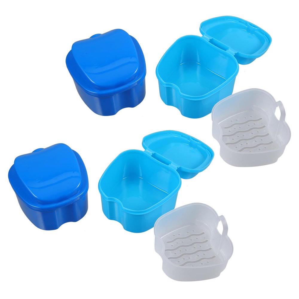 FOYTOKI 4pcs Portable Denture Case Breathable Denture Bath Container with Strainer Lightweight Retainer Box for Travel and Home Use Light Blue