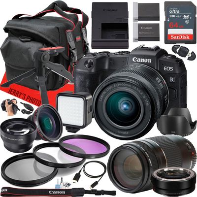 Canon EOS RP Mirrorless Camera with RF 24-50mm f/4.5-6.3 is STM and EF 75-300mm f/4-5.6 III Lens + 64 GB Memory + EF - EOS R Mount Adapter + LED Light + More (27pc Bundle) (Renewed)