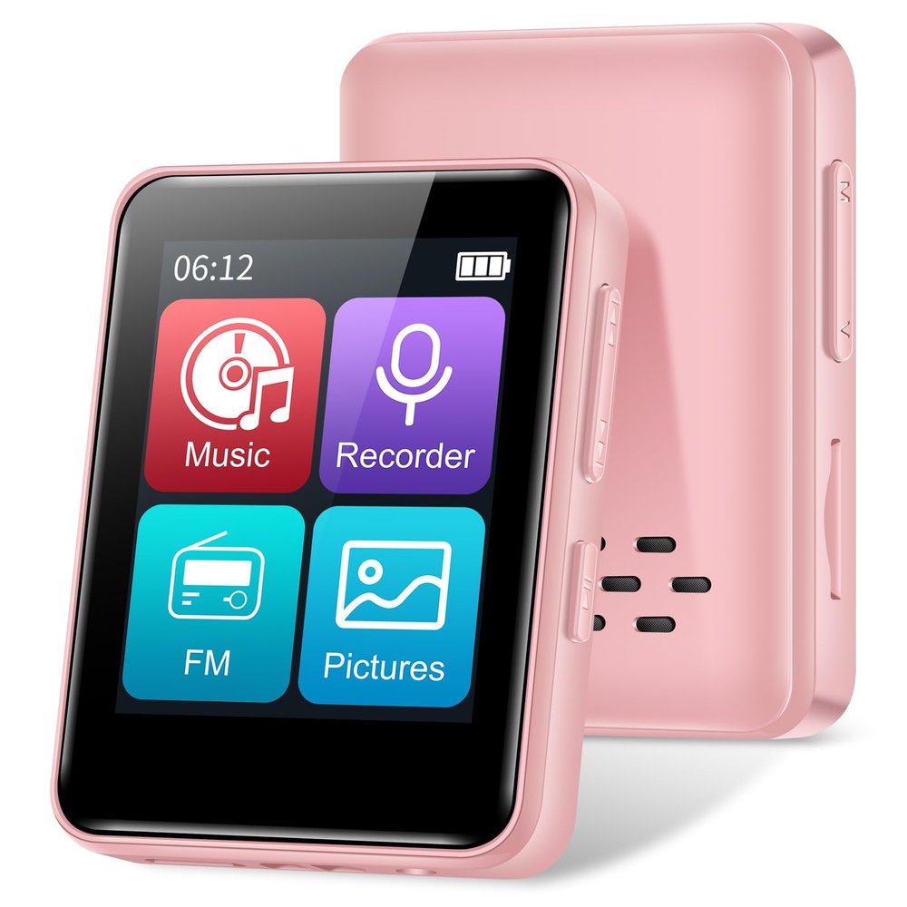 MP3 Player with Bluetooth, 1.8 inch Screen Portable Music Player with Speaker, FM Radio, Recorder, Expansion to 512GB, Pink with 32GB Micro SD Card