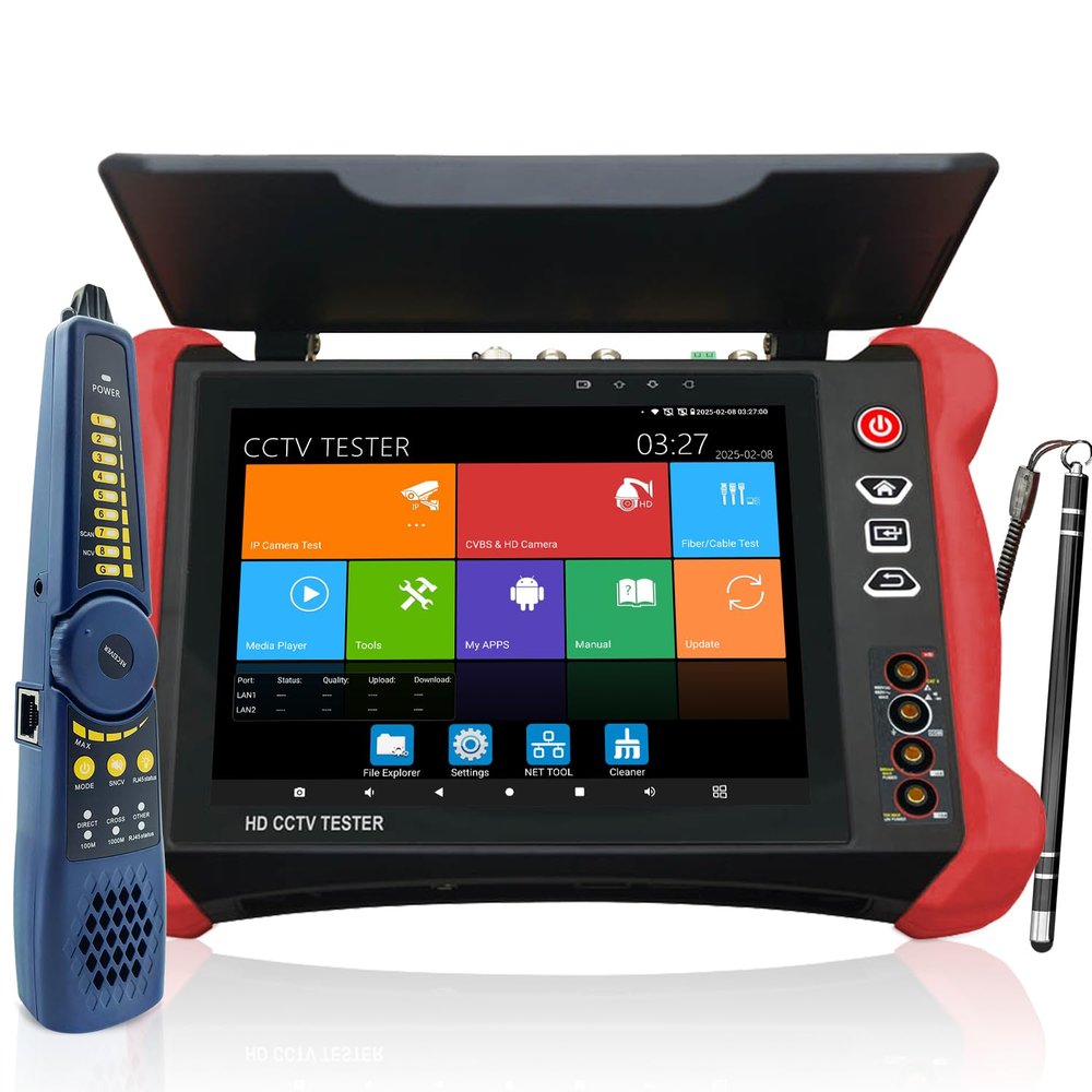Rsrteng IP Camera Tester with POE++, CCTV Tester 8K 32MP 12MP IPC Test Max 90W Power Output POE Camera Test 8MP TVI/CVI/AHD/SDI/CVBS All Features DMM OPM VFL Cable Test WiFi TDR Network HD I/O