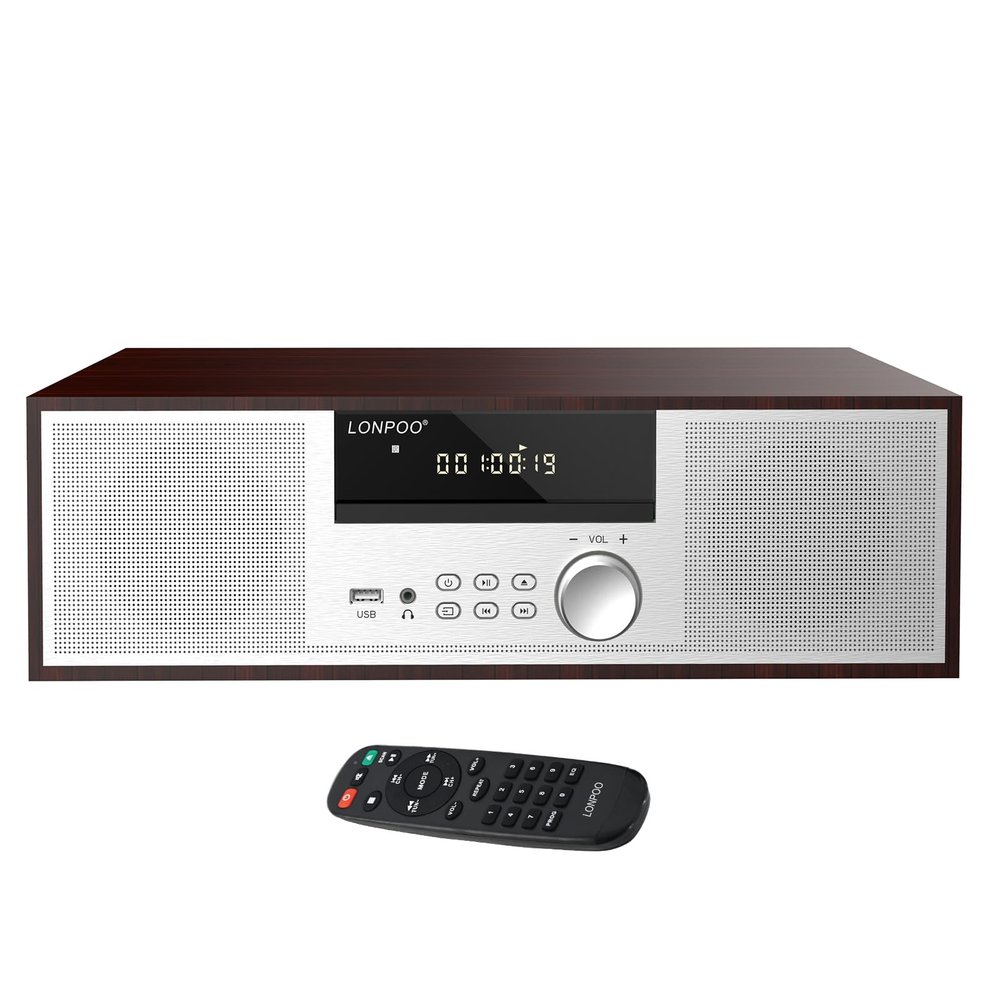 LONPOO Stereo Shelf System for Home, Vintage CD Player 40W RMS Micro Mini System with Remote Control, Bluetooth, FM Radio, USB MP3 Playback & Aux-in,Silver