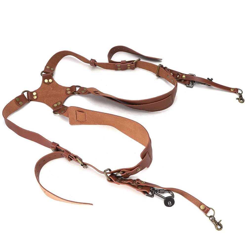 Akozon Premium Leather Double Shoulder Camera Strap, Adjustable Harness with Dual Buckle Clips for DSLR Cameras - Photography Accessories (#12)