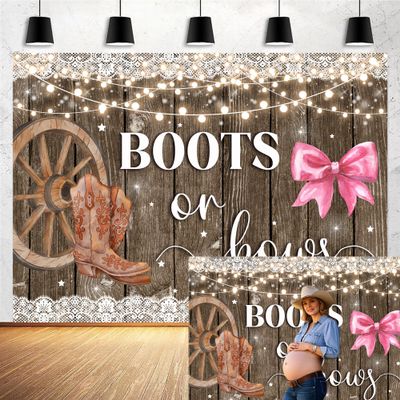 12x10ft Boots or Bows Gender Reveal Backdrop Boy or Girl Baby Shower Party Decorations Western Rustic Wood Brown Cowboy Boots Pink Bows Photography Background Cake Take Banner Photo Booth Props