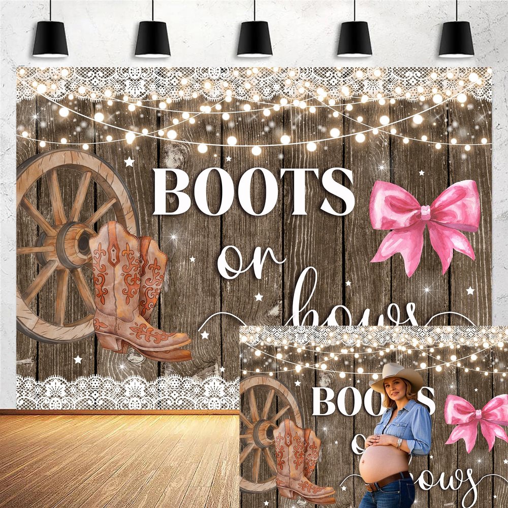 12x10ft Boots or Bows Gender Reveal Backdrop Boy or Girl Baby Shower Party Decorations Western Rustic Wood Brown Cowboy Boots Pink Bows Photography Background Cake Take Banner Photo Booth Props